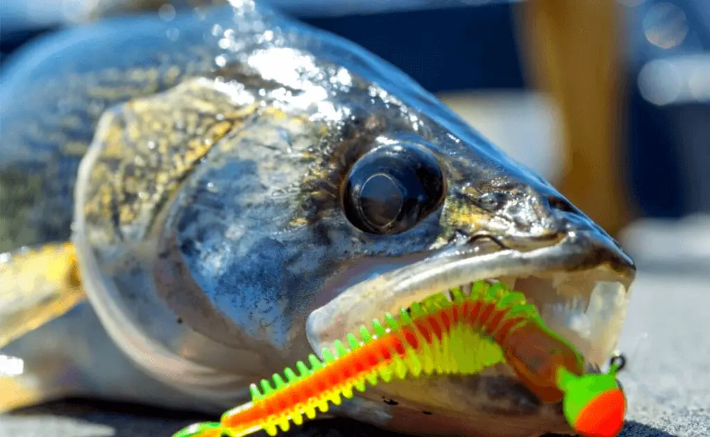 walleye fish with bright lure in its mouth