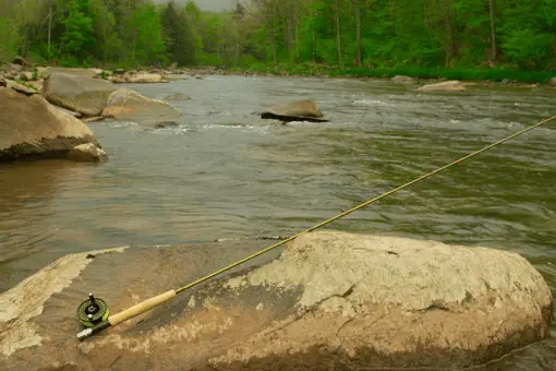 fly fishing rod on rocks next to a river