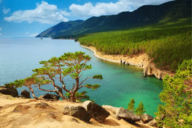 mountain shore of lake baikal on clear day