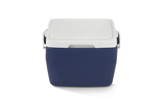 blue and white hard shelled cooler box