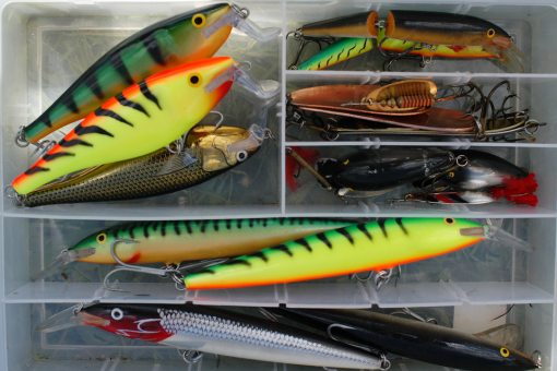various lures in a clear tackle box