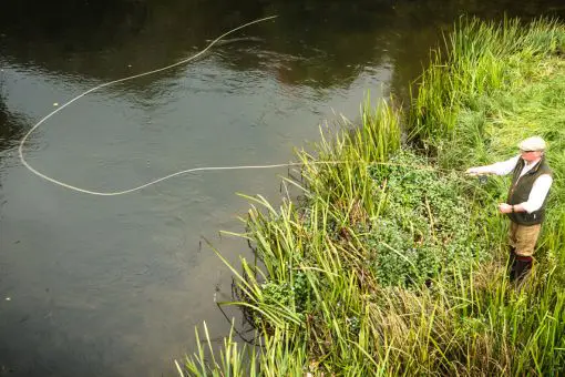 a man fly fishing on a river bank