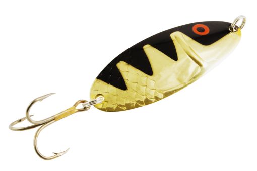 golden colored spoon lure on a white background