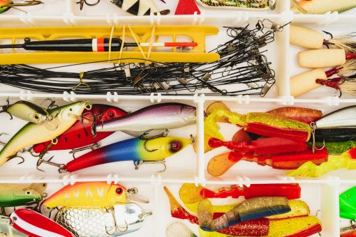 close up view of a tackle box filled with tackle