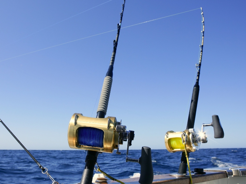 two trolling rods on a fishing boat under blue sky