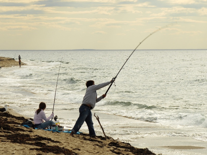 man casting a surf rod from the beach